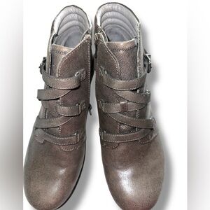 Alegria Indi WOMEN SZ 11 / 42 LEATHER ANKLE BOOTS STRAPPY COMFORT HEEL GRAY NEW
